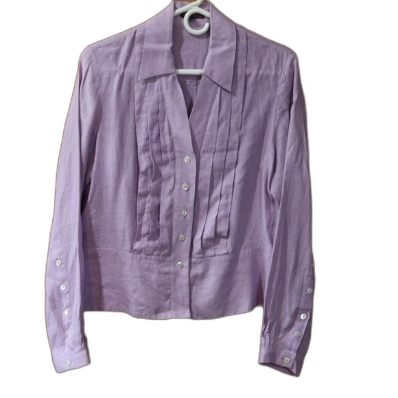 Anne Klein Lavender Button Down Pleated Long Sleeve Feminine Top 100% Linen 10 - Picture 2 of 13